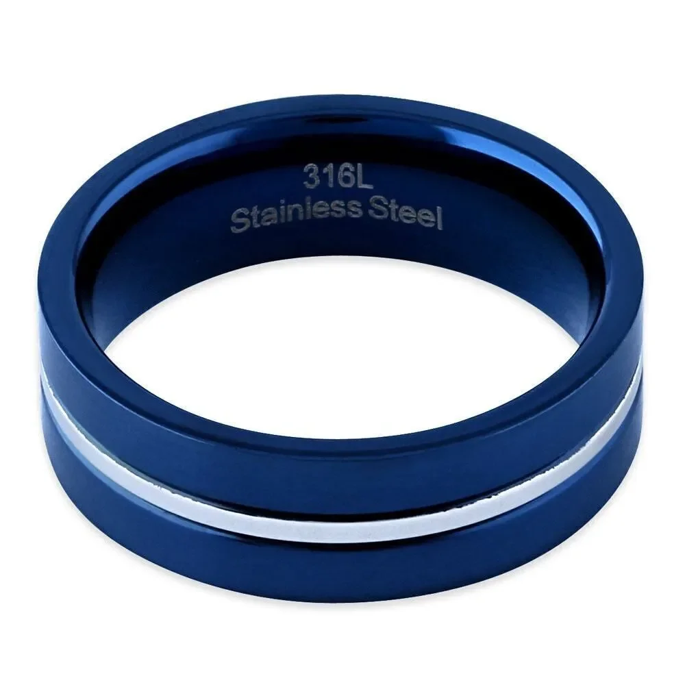 Blue Stainless Steel 6.5mm Satin Finish Striped Band Ring